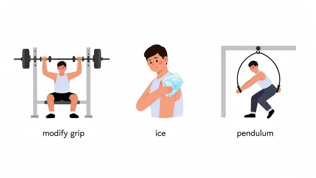 Three illustrations showing methods for shoulder relief: modifying grip, applying ice, and performing a pendulum exercise.