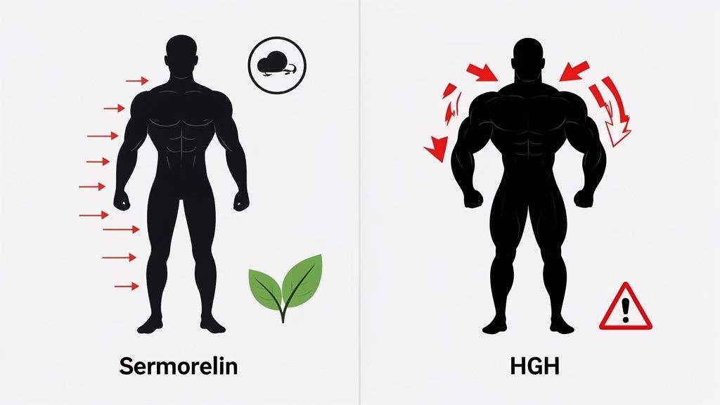 A diagram comparing Sermorelin and HGH effects on a male body, showing natural growth versus forced growth with a warning.