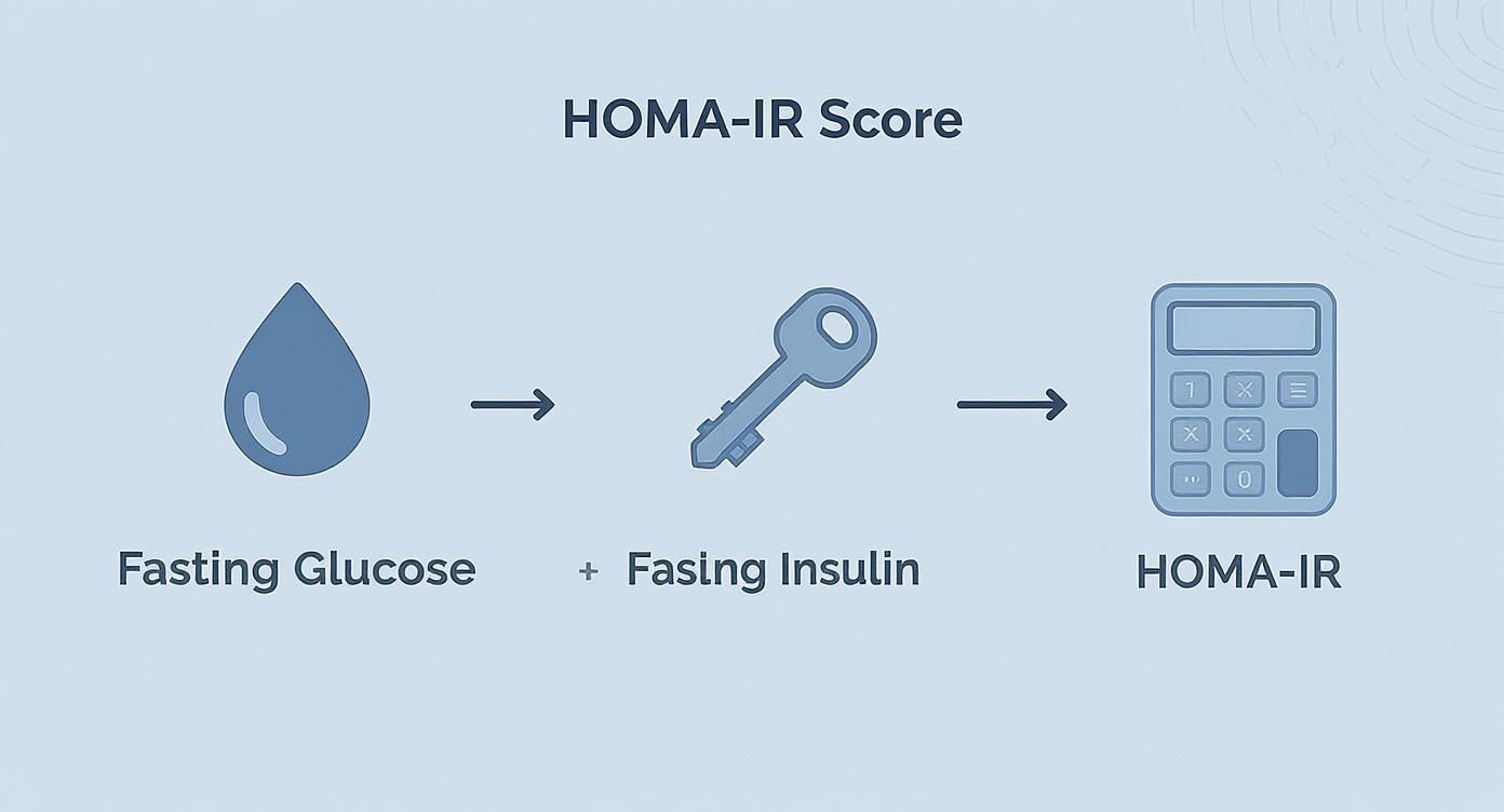 Flow diagram illustrating the calculation of HOMA-IR score from fasting glucose and fasting insulin.