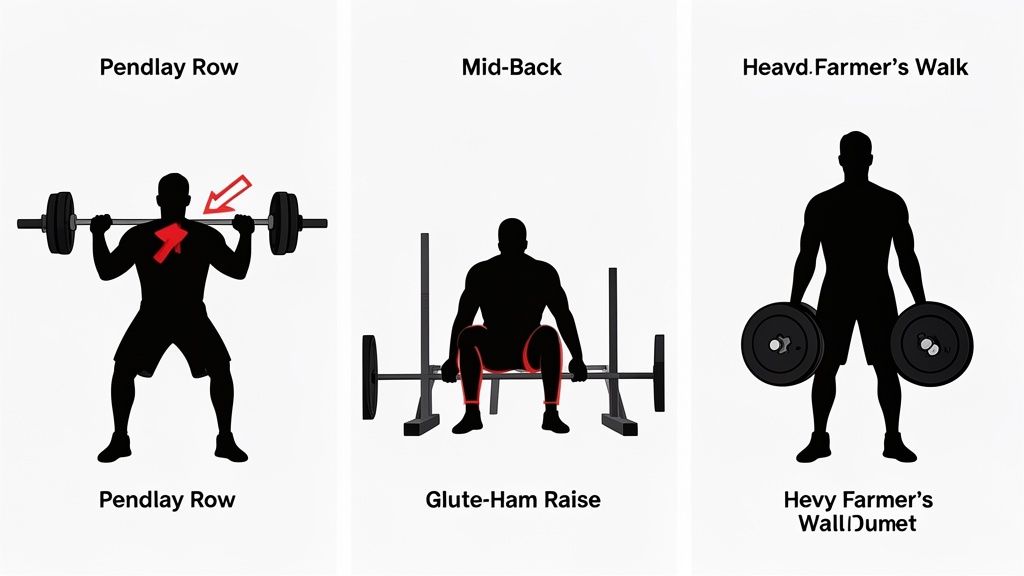 Three workout illustrations: Pendlay Row, Glute-Ham Raise, and Farmer's Walk exercises shown.