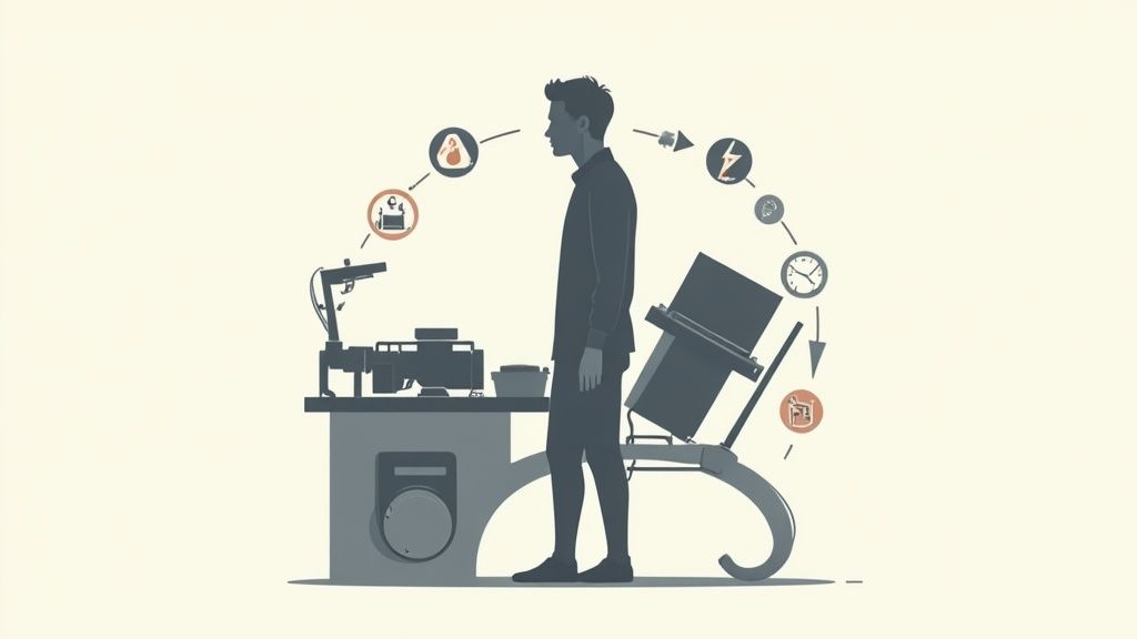 A man stands between industrial equipment, with a circular diagram showing a workflow including energy, time, and human interaction.