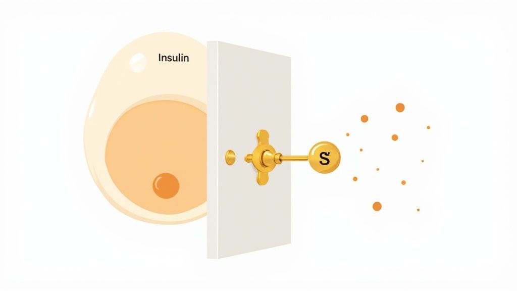 Illustration of insulin (white dot) unlocking a cell door with a key (marked S), allowing sugar (orange dots) to enter.