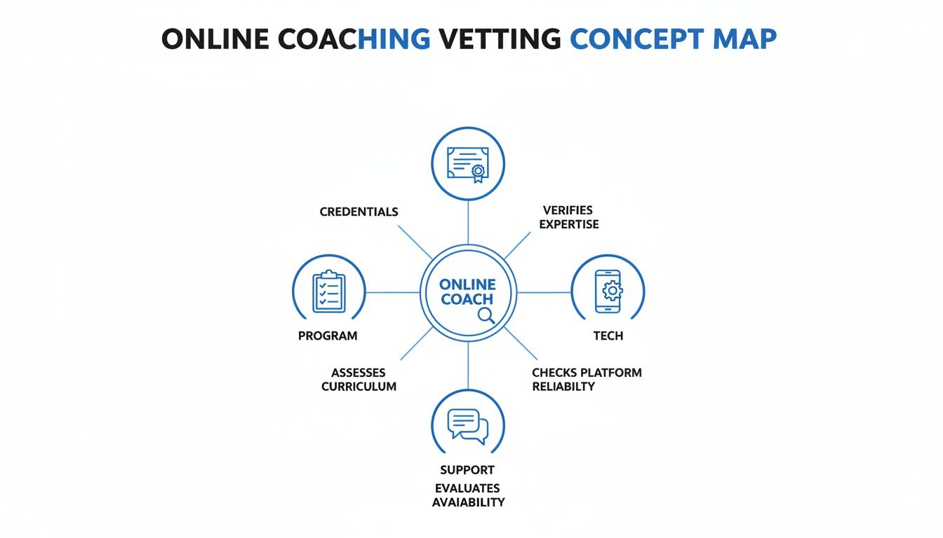 Concept map showing the vetting process for an online coach, covering credentials, program, tech, and support.