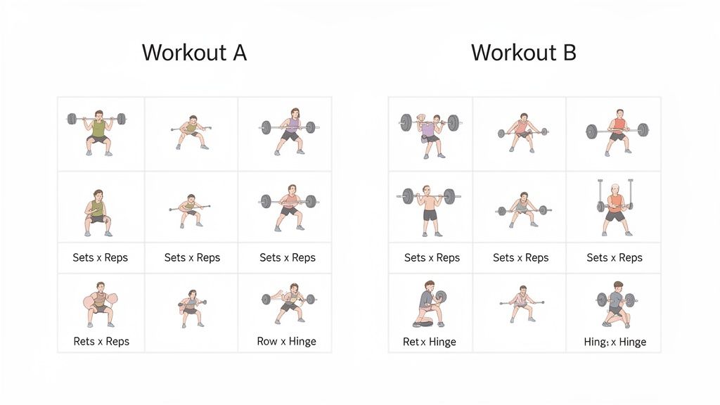 Illustration of Workout A and Workout B plans with different strength training exercises and sets/reps.