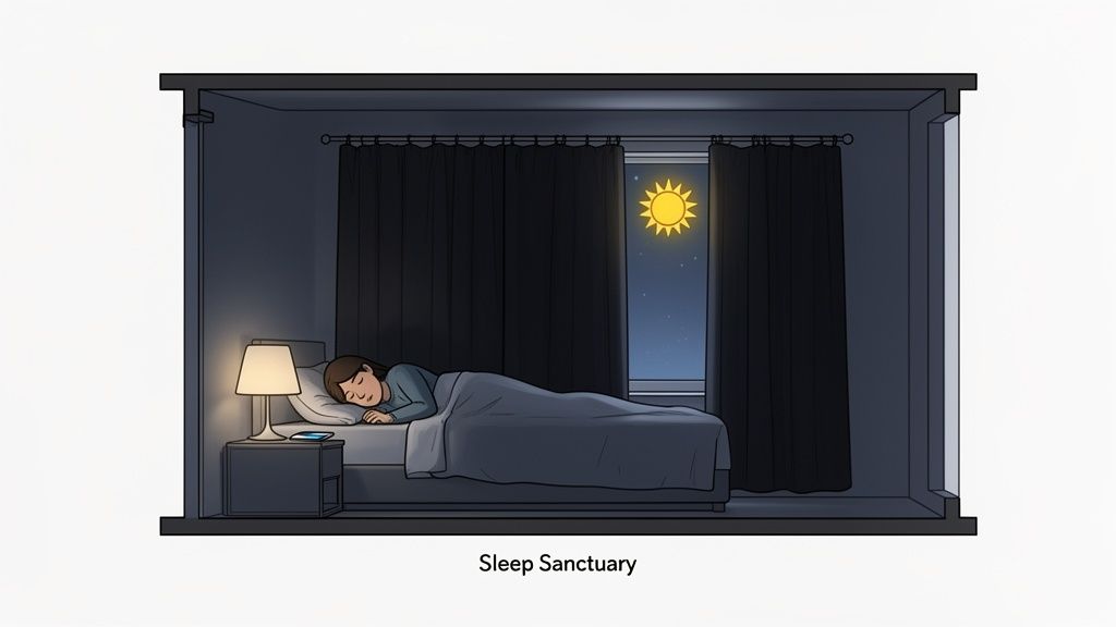 A person sleeps soundly in a dark bedroom, with black-out curtains partially open to reveal a sunrise.