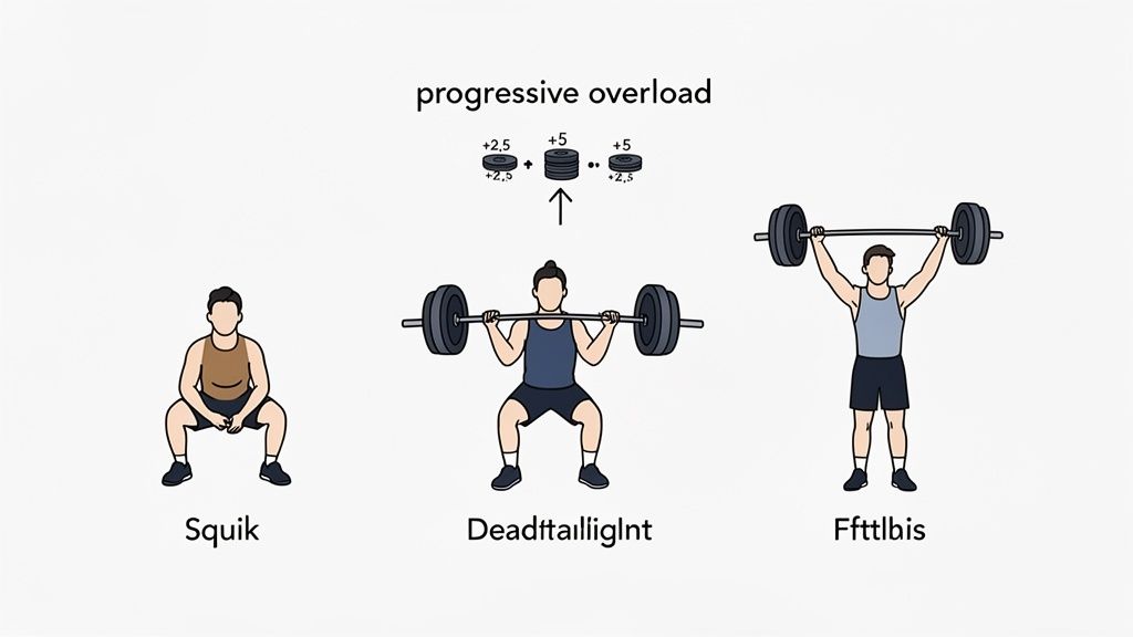 Illustration demonstrating progressive overload in weightlifting, showing a person squatting with increasing weight.