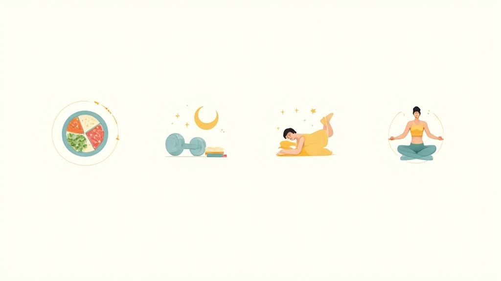 Illustrations showing four key healthy habits: balanced diet, exercise, restful sleep, and meditation.