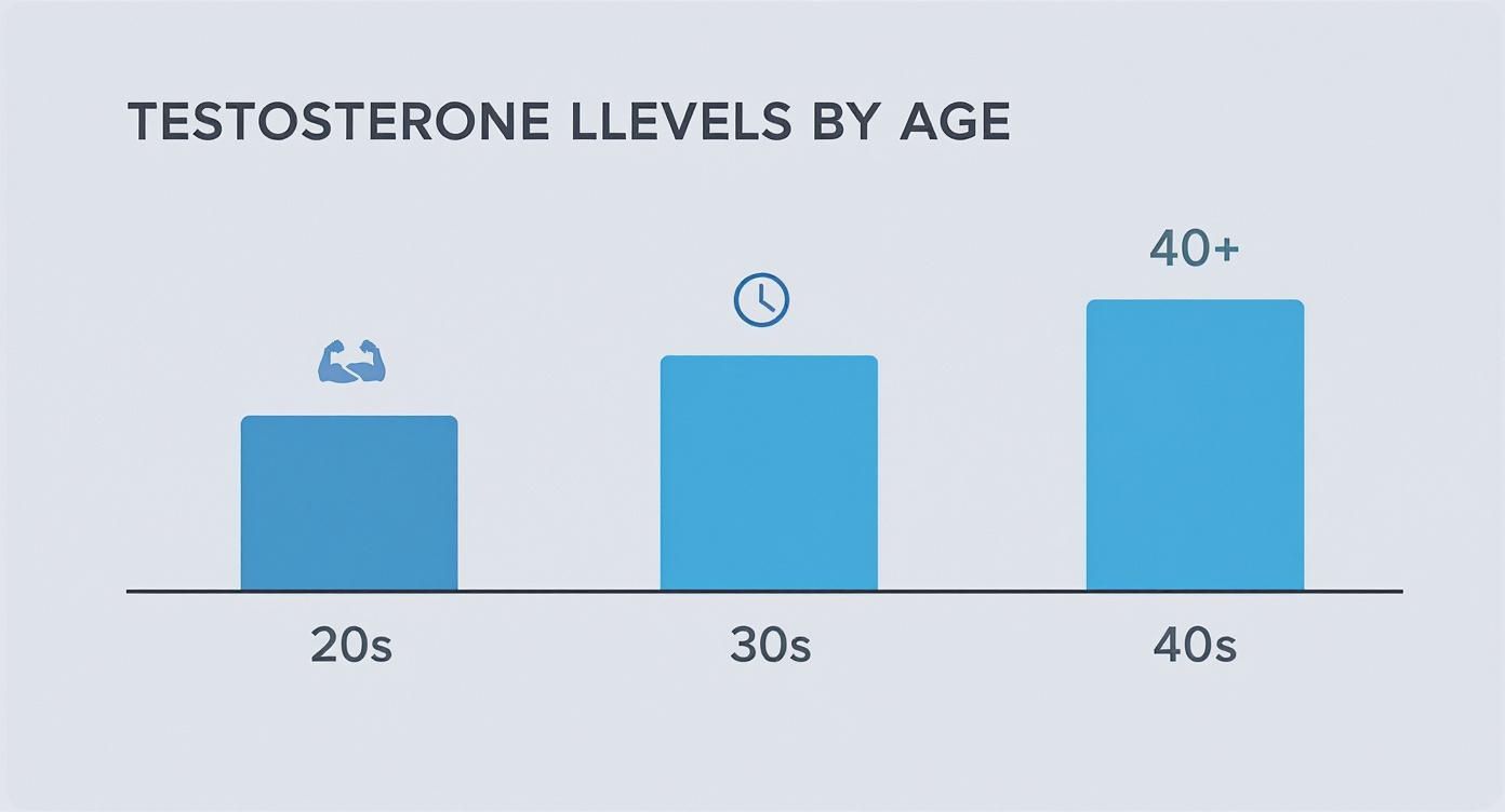 Bar chart visualizing testosterone levels by age, showing levels increasing from the 20s to 40s.