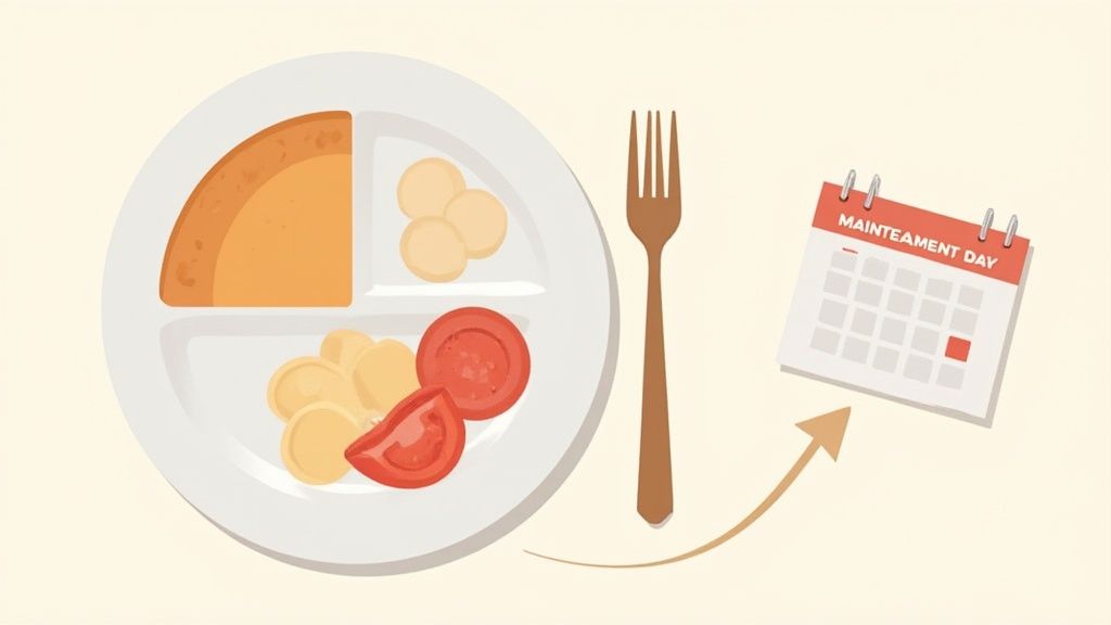 A divided plate with food, a fork, and a calendar marking 'MAINTEAMENT DAY' connected by an arrow, symbolizing diet and maintenance.