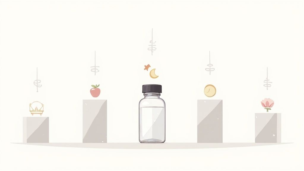 Illustration of a clear bottle surrounded by a crown, apple, coin, and flower on pedestals.