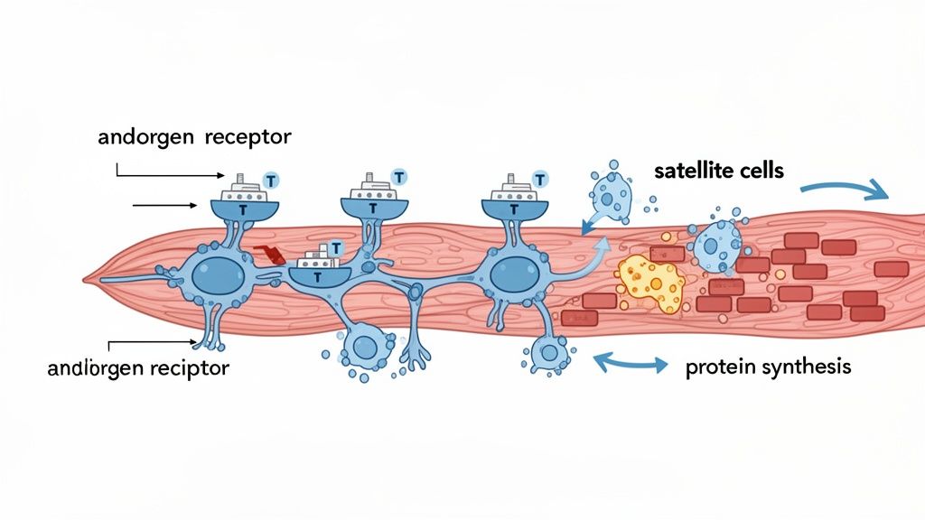 Diagram illustrates testosterone (T) binding to androgen receptors on muscle fibers, activating satellite cells and protein synthesis for muscle growth.