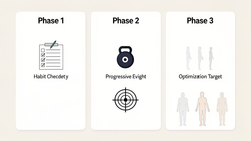 Infographic illustrating three phases of a fitness program: habits, progressive weight, and optimization.