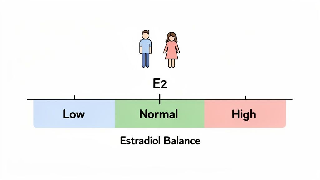 Diagram illustrating estradiol (E2) balance with low, normal, and high ranges, relevant for both men and women.
