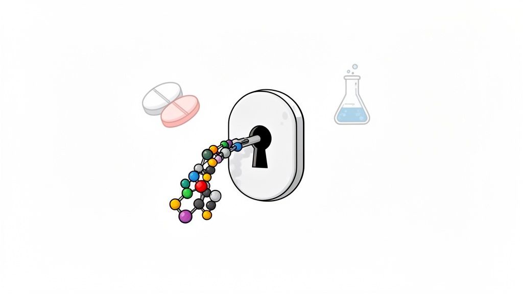 A colorful molecular structure acts as a key in a keyhole, flanked by medicine pills and a chemistry flask.