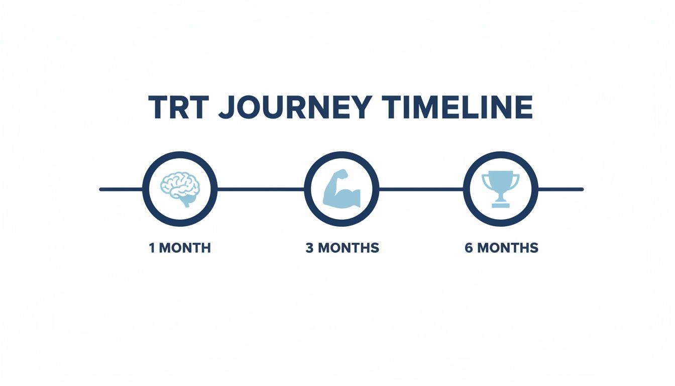 TRT journey timeline with milestones: brain at 1 month, muscle at 3 months, and trophy at 6 months.