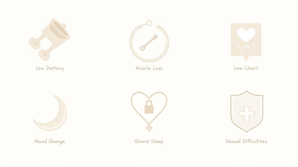 Icons illustrating potential symptoms such as low energy, muscle loss, mood changes, poor sleep, and sexual difficulties.