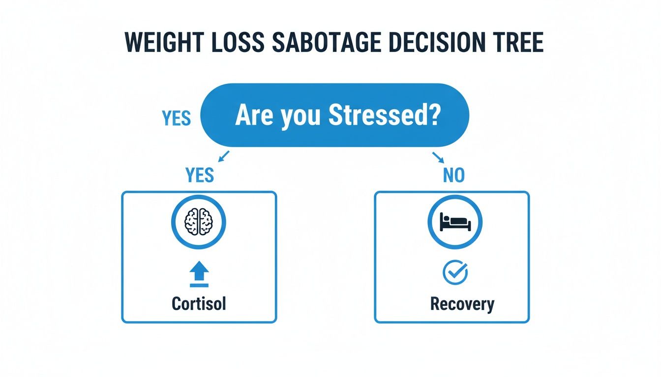 A decision tree illustrates how stress affects weight loss, linking stress to cortisol and non-stress to recovery.