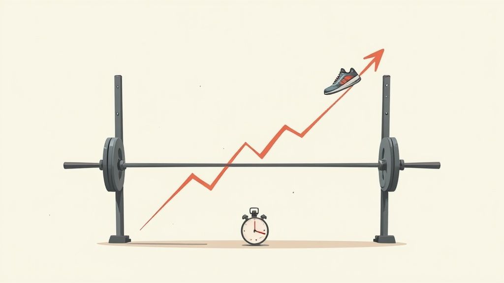 Illustration of a rising red graph line with a running shoe, a barbell, and an alarm clock, symbolizing fitness progress and goals.