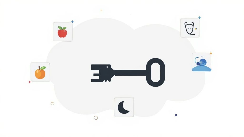 A dark key inside a cloud, surrounded by icons representing health, food, and sleep, on a white background.