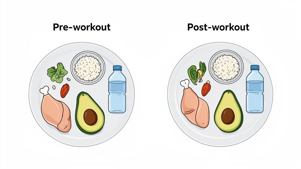 Two plates displaying pre-workout and post-workout meals, featuring chicken, rice, avocado, and water.