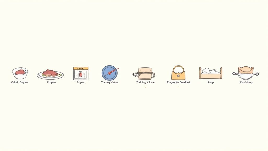 Cartoon icons illustrating eight key factors for muscle growth: caloric surplus, protein, training volume, progressive overload, sleep, and consistency.