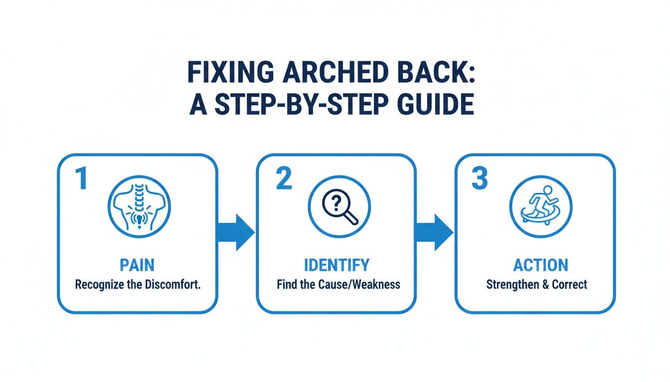 A step-by-step guide to fixing an arched back, illustrating pain recognition, cause identification, and corrective action.