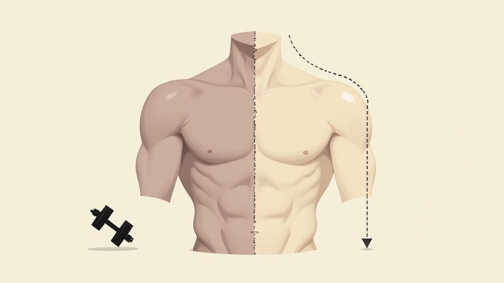 Illustration of a male torso, one side muscular with a dumbbell, the other side less defined with a declining arrow.