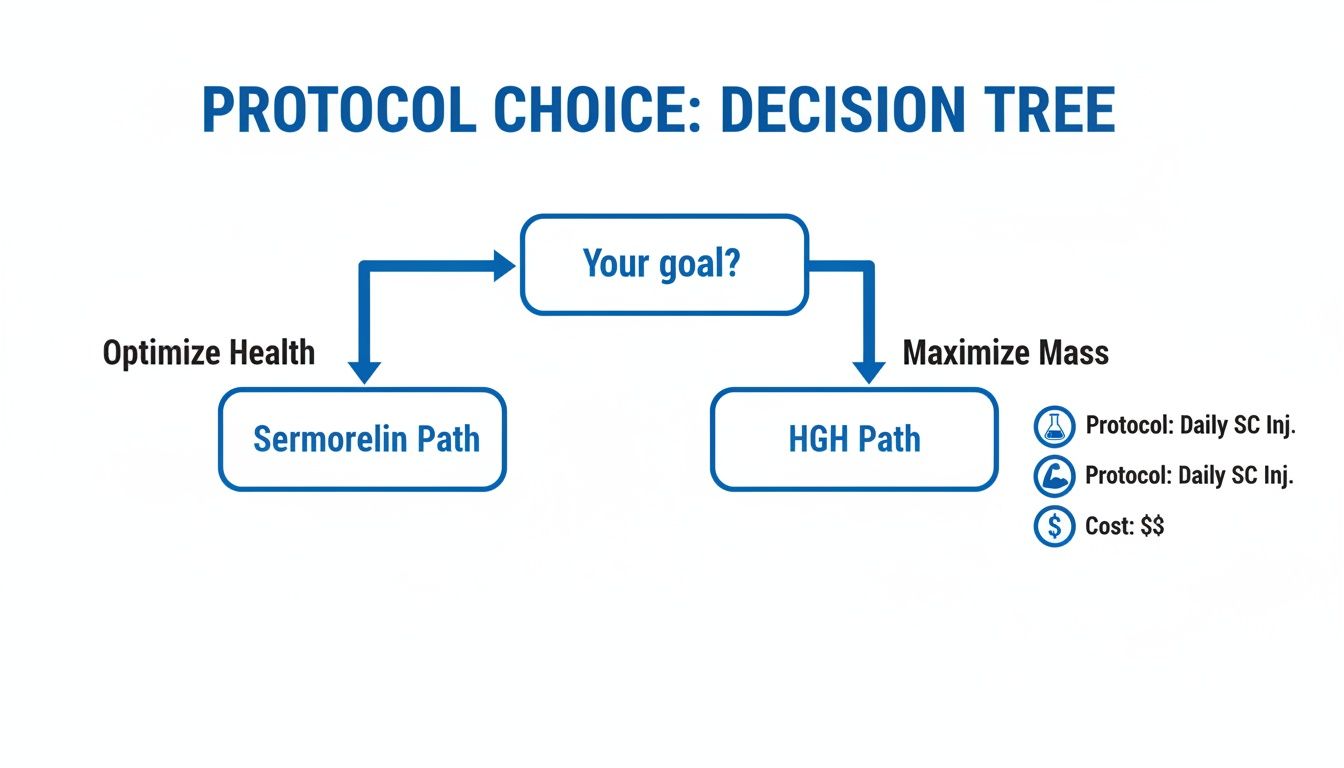 A decision tree illustrating protocol choices: Sermorelin for optimizing health and HGH for maximizing mass.