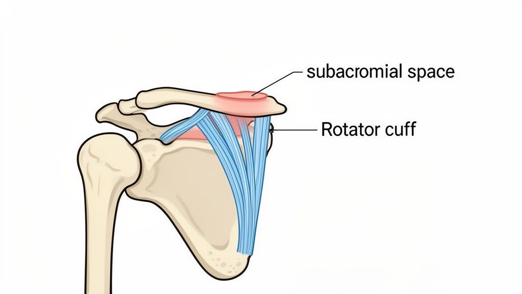 Anatomy diagram of a human shoulder joint, illustrating the subacromial space and rotator cuff.