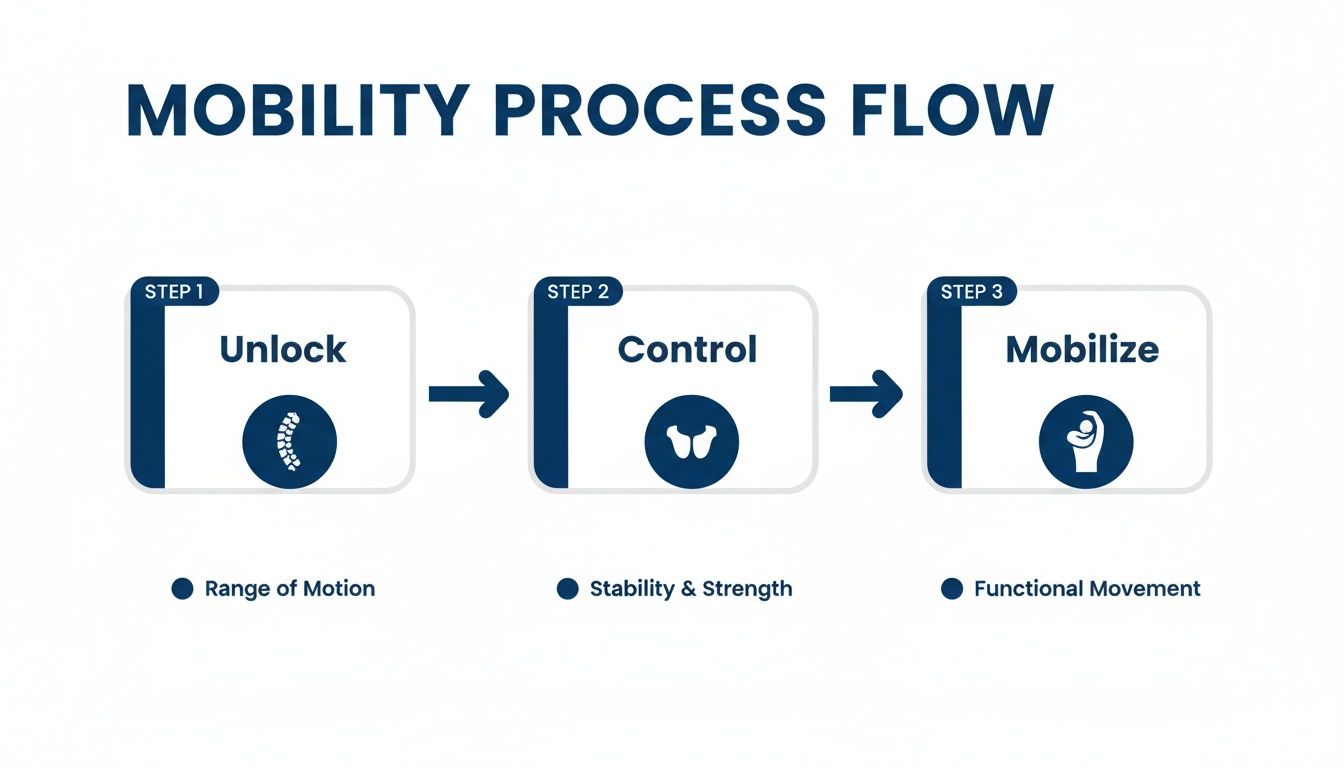 A three-step mobility process flow detailing Unlock, Control, and Mobilize for improved movement and strength.