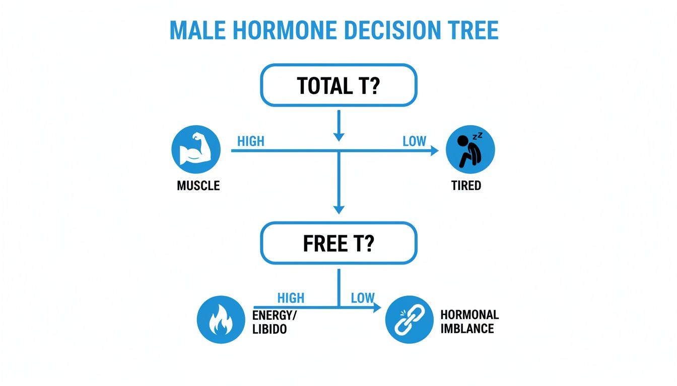 Decision tree for male hormone levels showing Total T and Free T effects on muscle, energy, and hormonal balance.