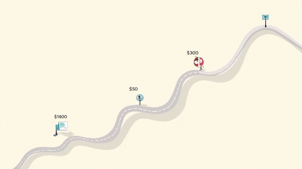 A winding road with markers displaying costs like $1000, $50, and $300, symbolizing a journey.