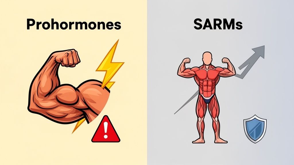An infographic comparing Prohormones (muscle, lightning, warning) and SARMs (muscular body, growth arrow, shield).