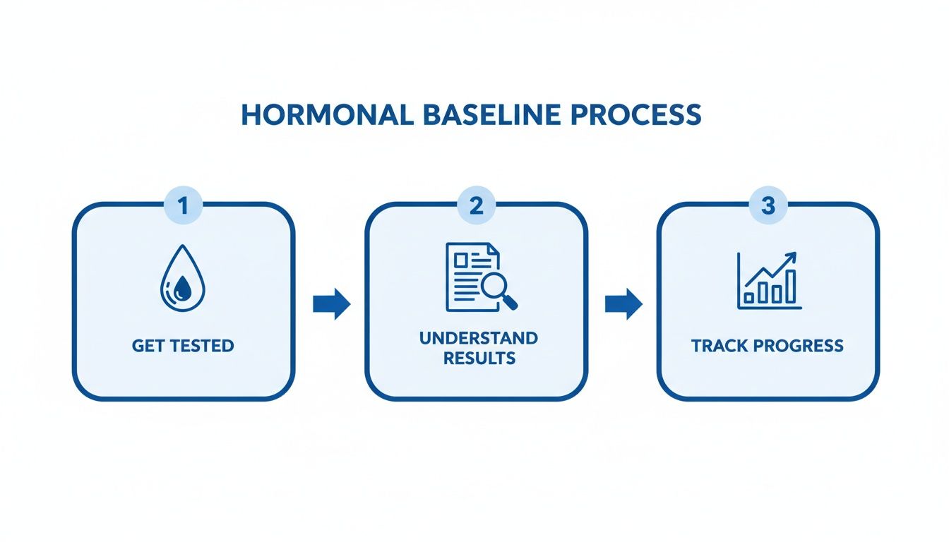 Diagram illustrating the Hormonal Baseline Process in three steps: Get Tested, Understand Results, and Track Progress.