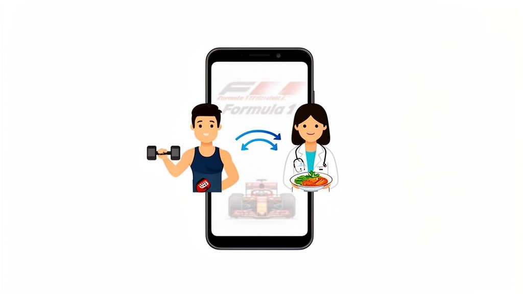 An app on a smartphone connects a man exercising with a nutritionist offering healthy food, implying online fitness coaching.