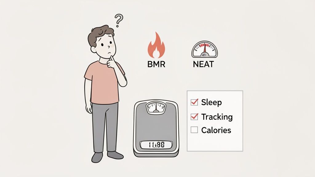 Confused man considering factors like BMR, NEAT, sleep, and tracking for weight loss.