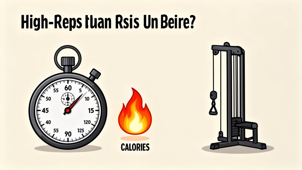 An illustration featuring a stopwatch, a flame with 'CALORIES' text, and a gym cable machine.