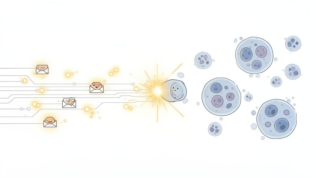 A beneficial molecule on a digital circuit attacks multiple unhealthy, grey cells, symbolizing effective therapy.