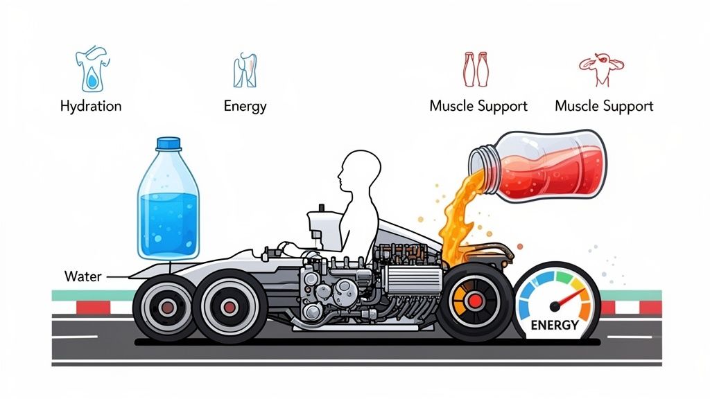 Illustration of a human body in a race car, representing how hydration, energy, and muscle support fuel performance.