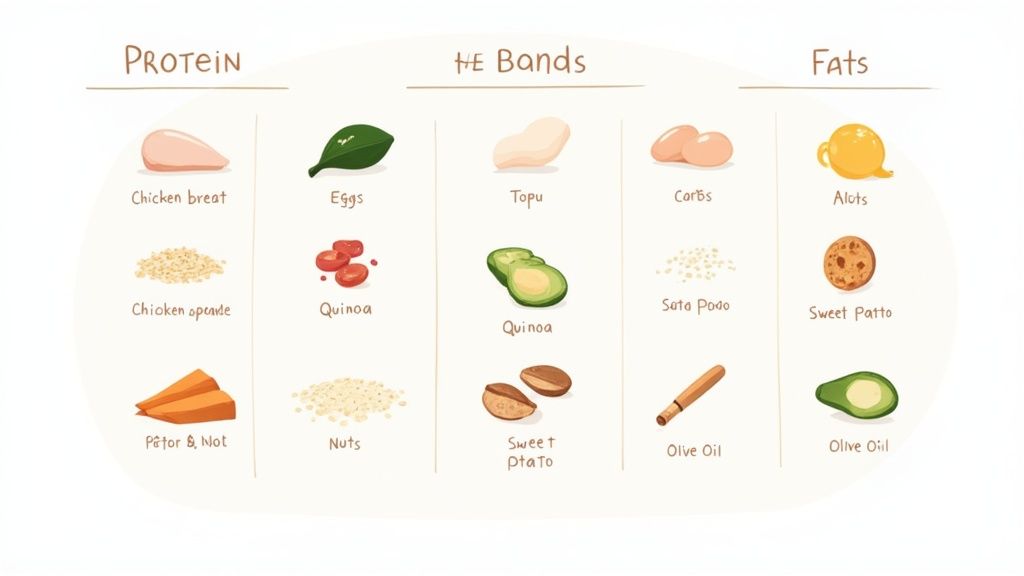 Food chart illustrating sources of protein, HE bands, and fats with examples for a balanced diet.