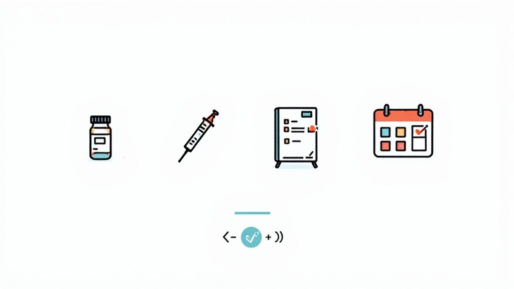 A row of healthcare icons including medicine bottle, syringe, checklist, and calendar with a checkmark.