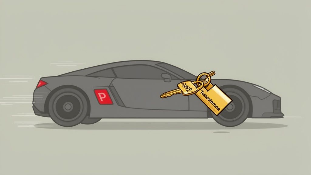 A sleek grey sports car with a red 'P' symbol is locked by a 'Testosterone' padlock and a 'PRIDE' key.