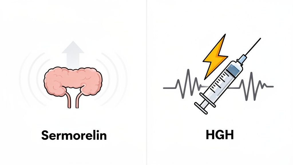Illustration contrasting Sermorelin's natural hormone stimulation with HGH's direct synthetic injection.