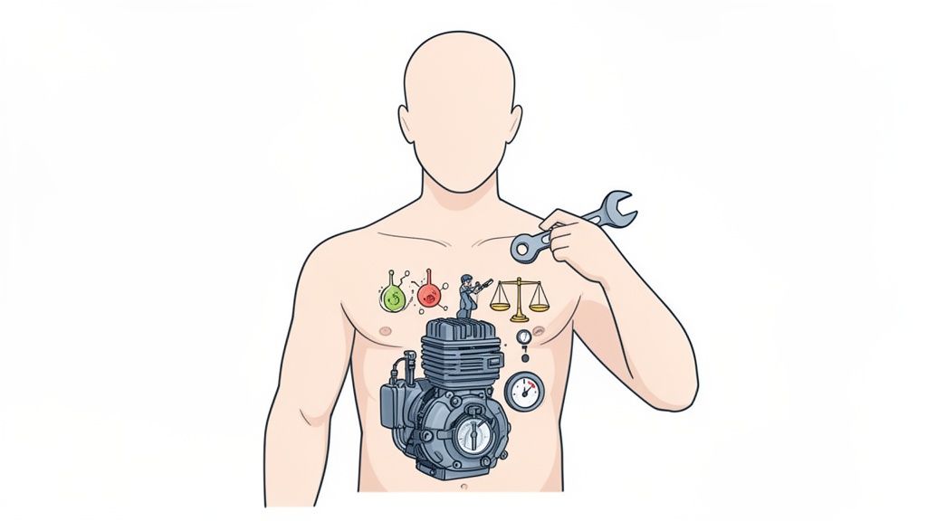 Conceptual illustration of a human torso with internal engine, scientific symbols, balance, and a wrench for maintenance.