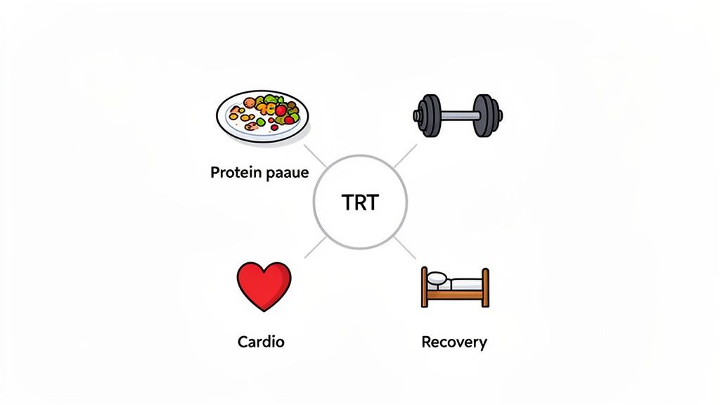A diagram showing TRT in the center, connected to protein paaue, a dumbbell, cardio, and recovery.