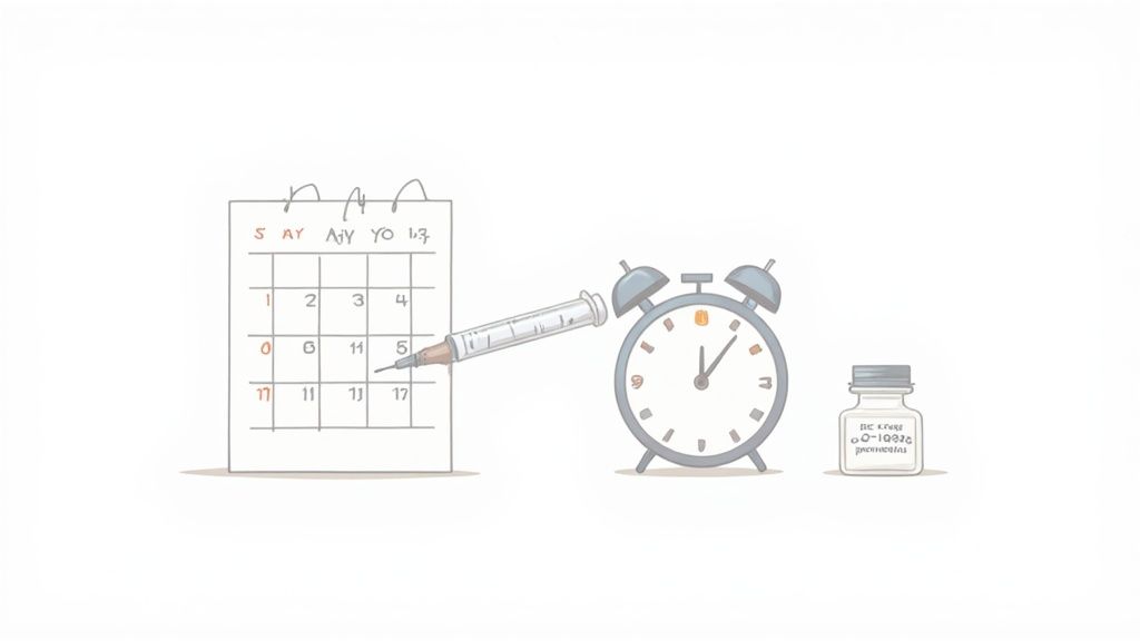 A calendar, syringe, alarm clock, and vial illustrate a scheduled medical injection.