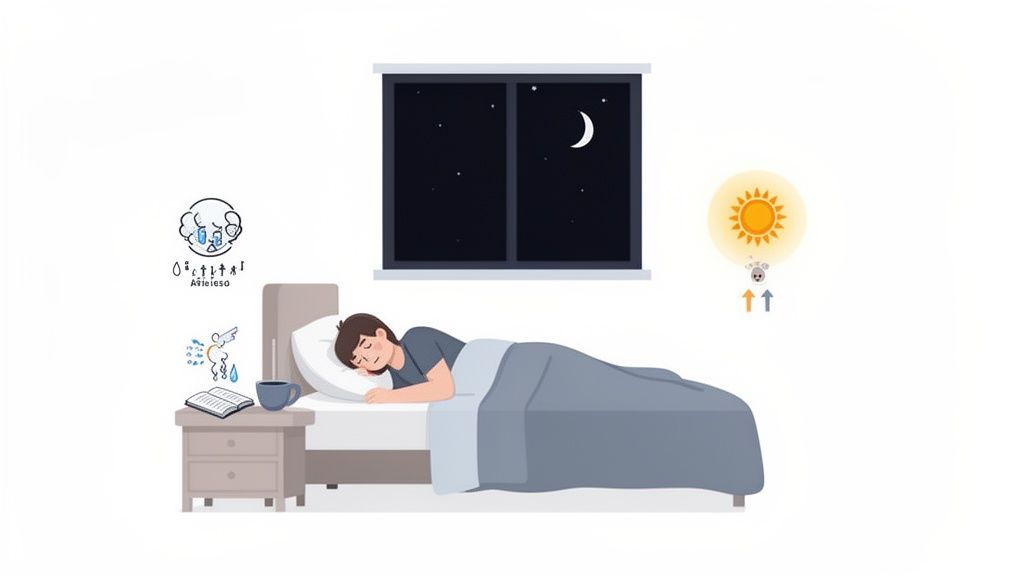 Illustration of a person sleeping peacefully in bed at night with a moon and stars outside the window, symbolizing restorative sleep.