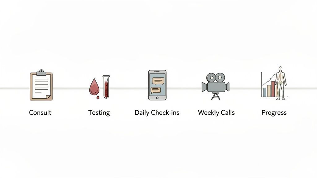 A visual timeline depicting five steps: Consult, Testing, Daily Check-ins, Weekly Calls, and Progress, each with a corresponding icon.