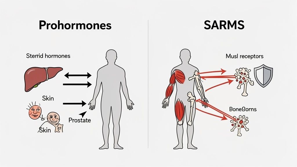 A diagram illustrating the different effects of Prohormones and SARMs on the human body, targeting various organs.