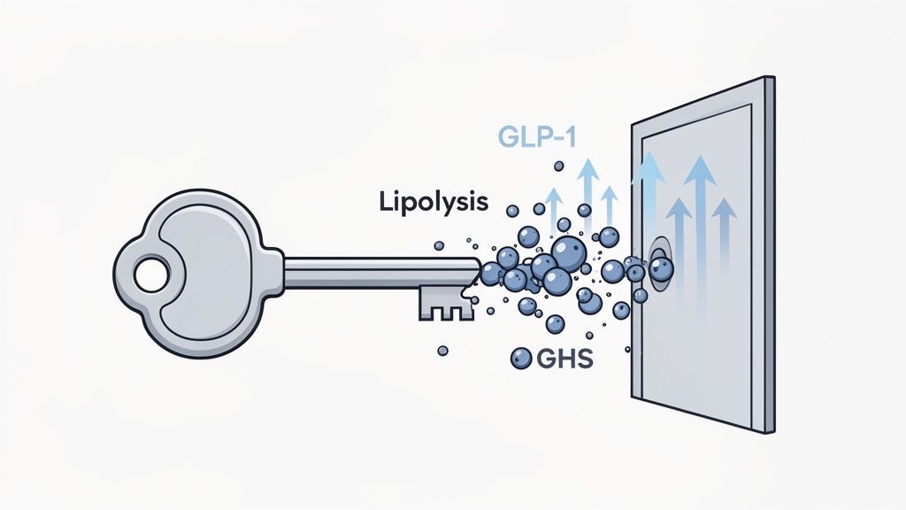 A key activates a mechanism, releasing lipolysis and GHS bubbles, and elevating GLP-1 arrows.